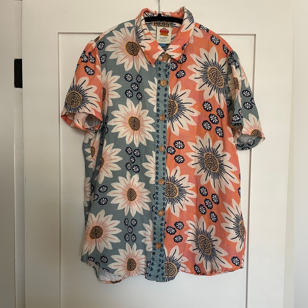 Farm Rio Linen Button Up with a Lil Puff Sleeve